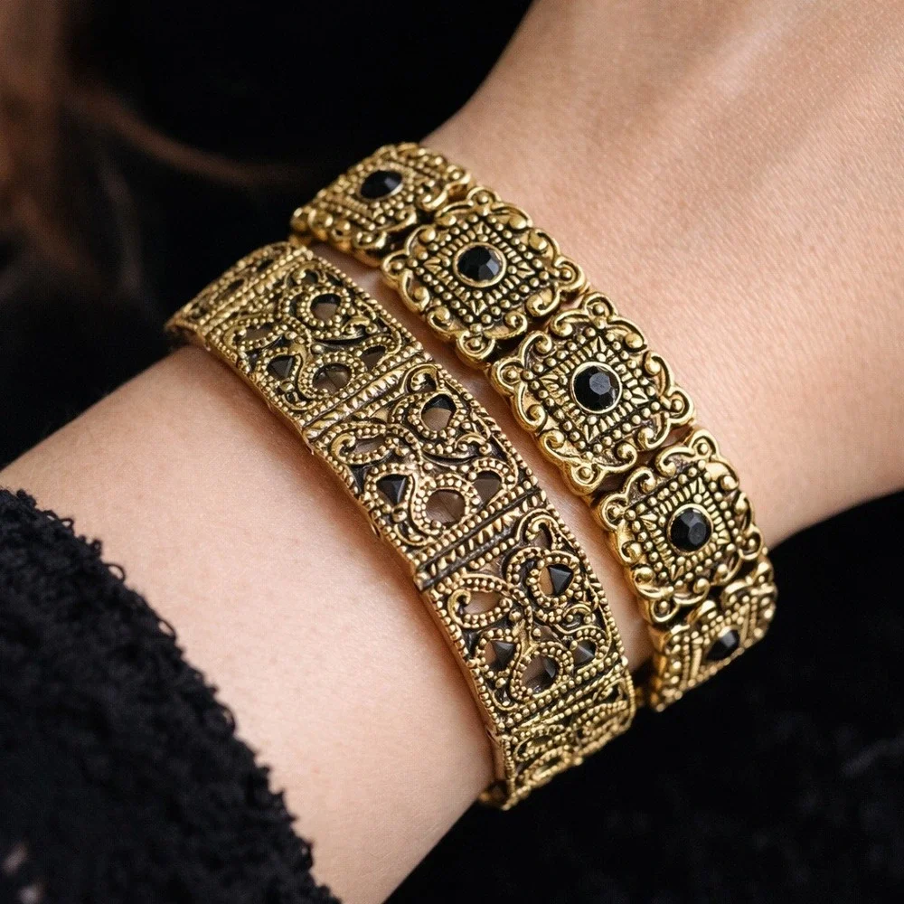 TWO Vintage Gold Tone Black Rhinestone Filigree Panel Stretch Bracelets Art Deco
